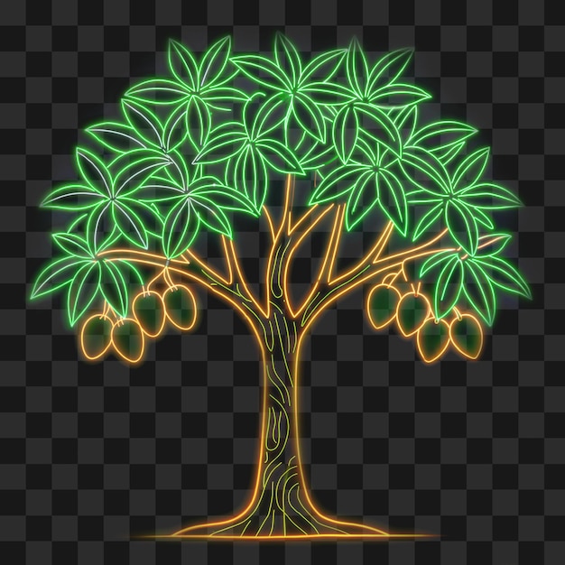 Árbol de mango de neón con frutas y hojas brillantes en un fondo transparente PNG