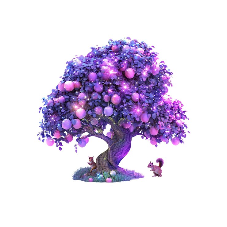 PSD árbol de manzana mágico y brillante con ardillas