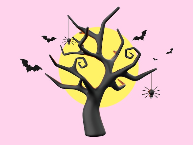 PSD Árbol muerto con luna llena elementos temáticos de halloween ilustración 3d