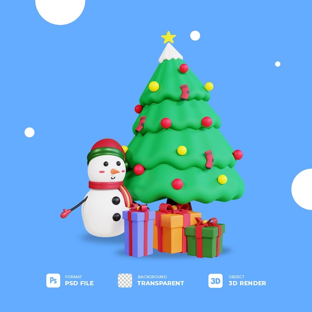 PSD Árbol de navidad 3d, caja de regalo y muñeco de nieve