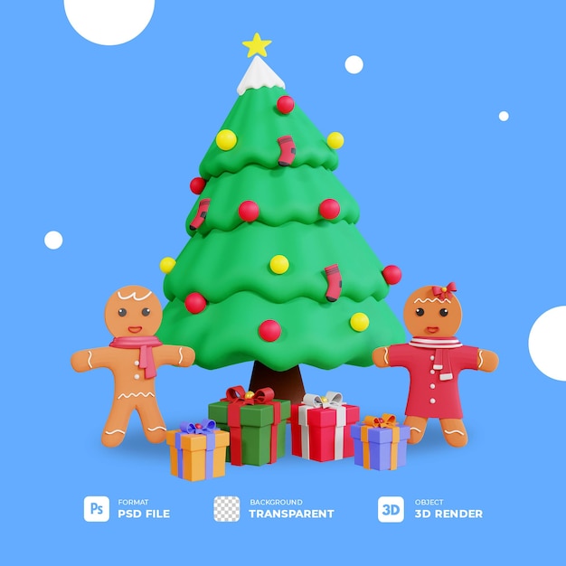 Árbol de navidad 3d, caja de regalo y pan de jengibre