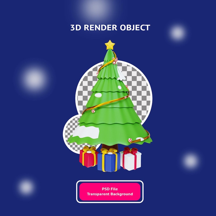 PSD árbol de navidad 3d con objeto illustartion de regalo prestados fondo transparente