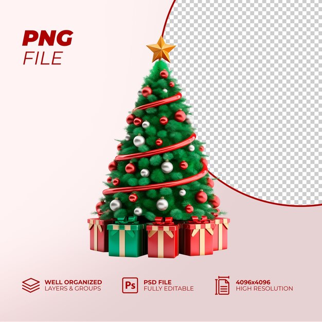 PSD Árbol de navidad 3d realista caja de regalos de navidad feliz