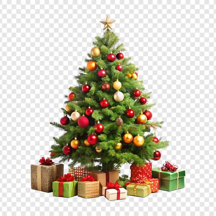 PSD árbol de navidad con adornos y caja de regalos aislados en un fondo transparente