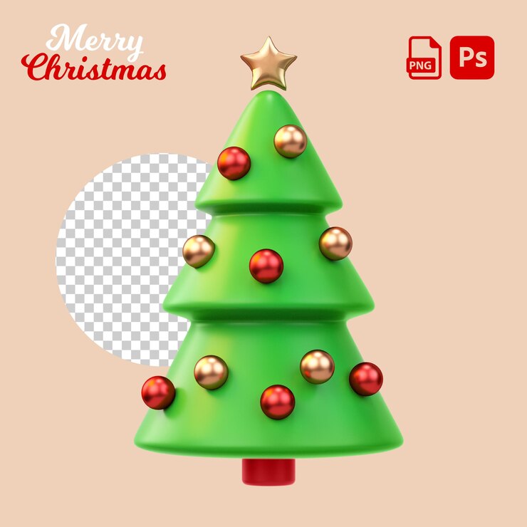 PSD árbol de navidad con bolas aislado en un fondo transparente objeto recortado en ilustración 3d