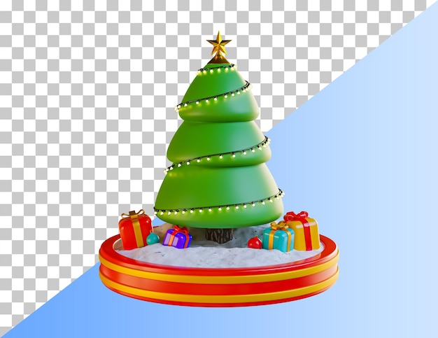 Árbol de navidad con caja de regalo 3d en el podio y adornos navideños