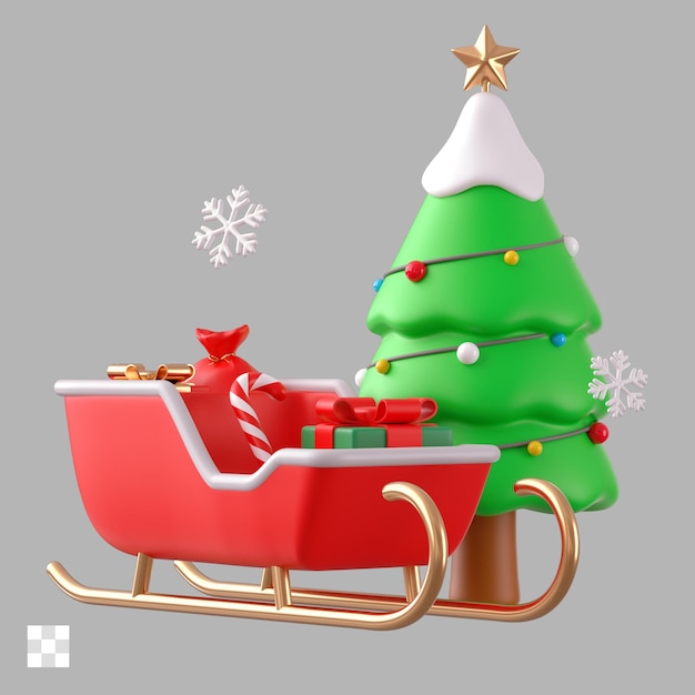 PSD Árbol de navidad con cajas de regalos trineo de papá noel y decoraciones ilustración de icono 3d