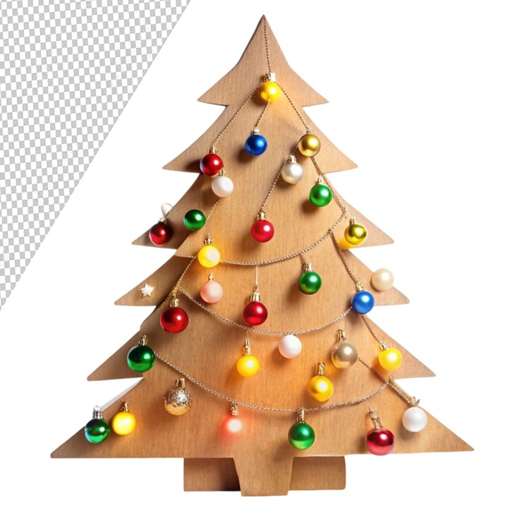 PSD árbol de navidad de cartón decorado con bolas aisladas en un fondo transparente