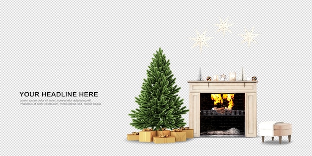 Árbol de navidad y chimenea en representación 3d