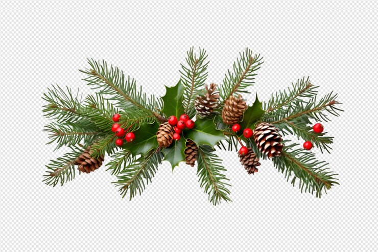 un árbol de Navidad con conos y bayas rojas en un fondo gris