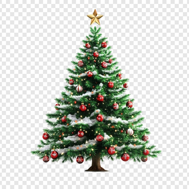 PSD árbol de navidad cubierto de nieve con adornos rojos y estrella dorada