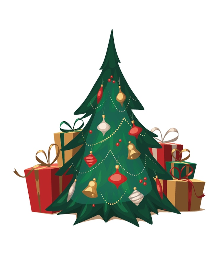 PSD árbol de navidad decorado con bolas con cajas de regalos