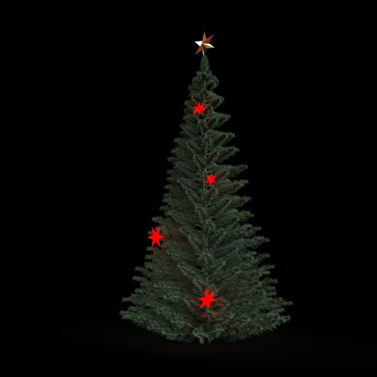 PSD árbol de navidad decorado con estrellas rojas y estrella dorada en fondo negro
