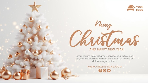 Árbol de Navidad decorativo y caja de regalos plantilla de banner de promoción para Feliz Navidad y año nuevo fes