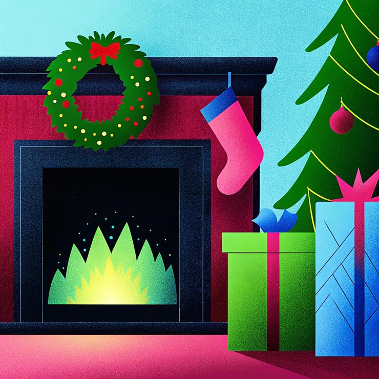 PSD un árbol de navidad está delante de una chimenea