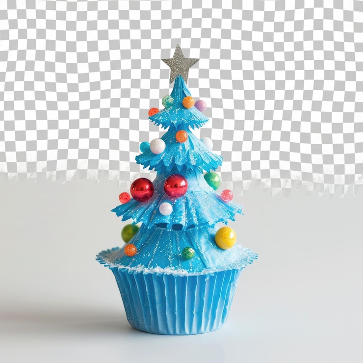 PSD un árbol de navidad con una estrella en él se sienta frente a un pastel