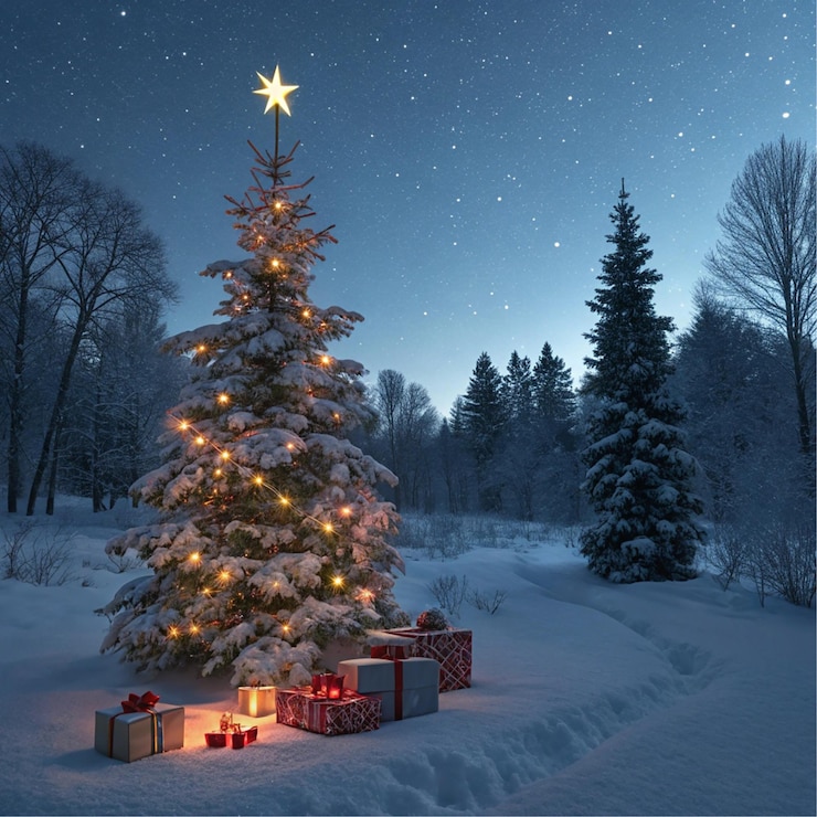 PSD un árbol de navidad con una estrella en la nieve