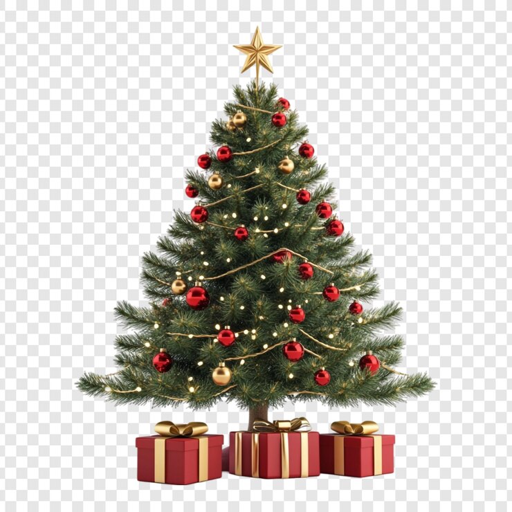 PSD árbol de navidad festivo con adornos y regalos rojos y dorados