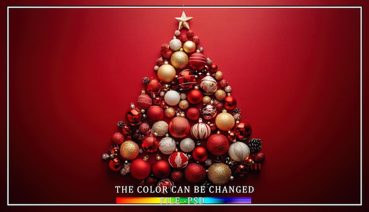 PSD árbol de navidad hecho de adornos sobre fondo rojo