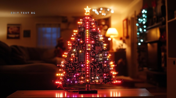 PSD árbol de navidad iluminado en la mesa en la sala de estar cálida