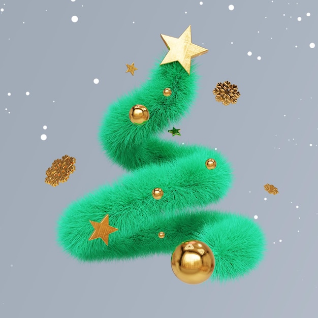 Árbol de navidad juguetes navideños render 3d decoración del árbol de navidad dorado