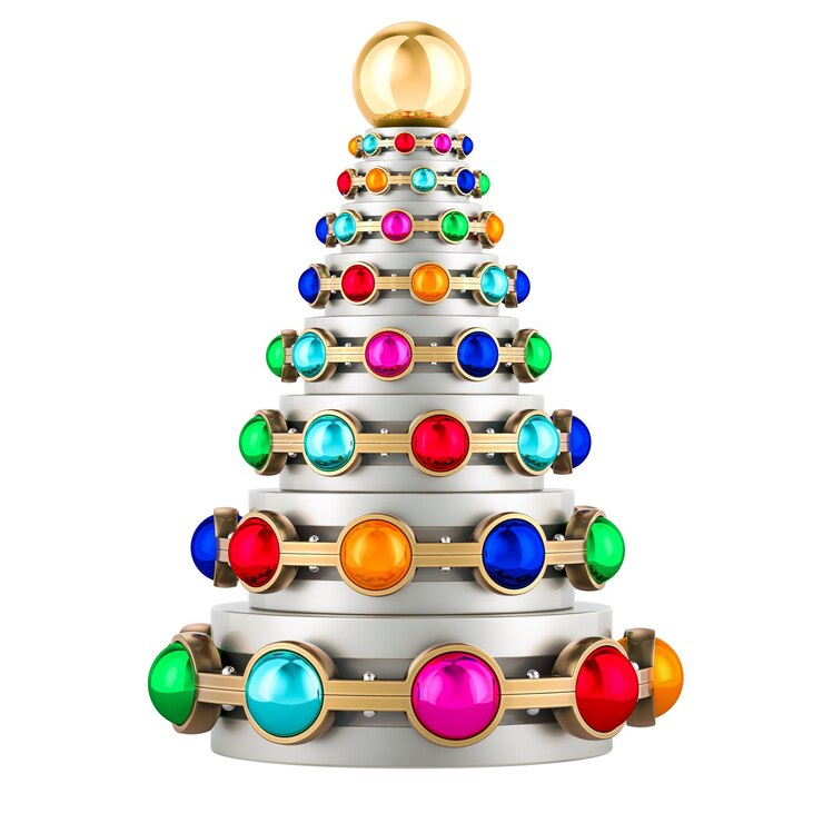 PSD árbol de navidad metálico de rodamientos de colores renderizado en 3d aislado sobre un fondo transparente