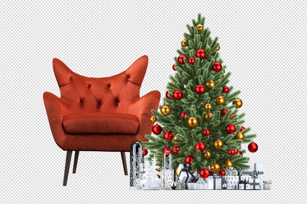 PSD Árbol de navidad, regalos y sillón en 3d prestados