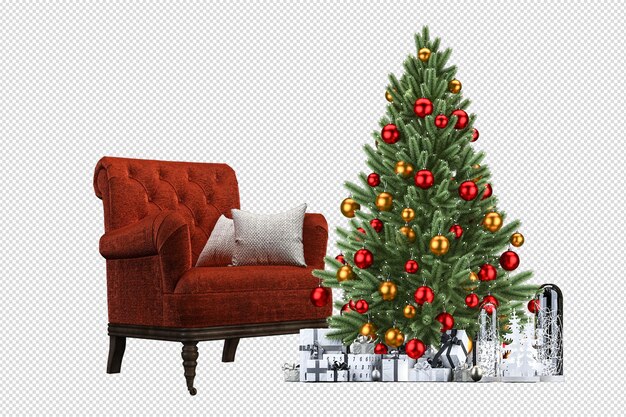 PSD Árbol de navidad, regalos y sillón en 3d prestados