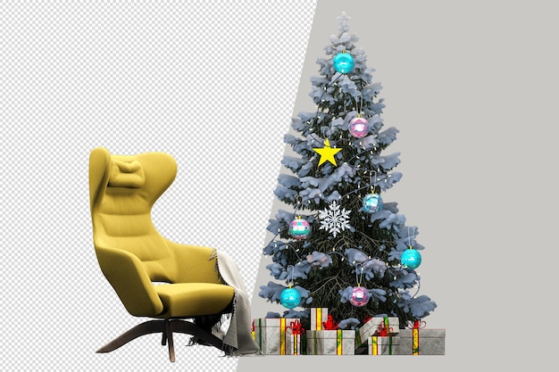 Árbol de Navidad, regalos y sillón en 3D prestados