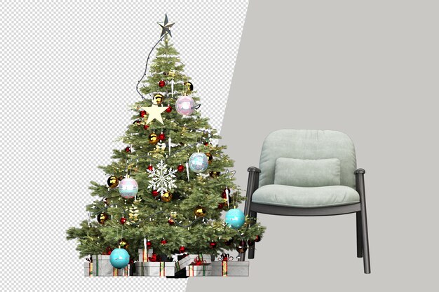 Árbol de Navidad, regalos y sillón en 3D prestados