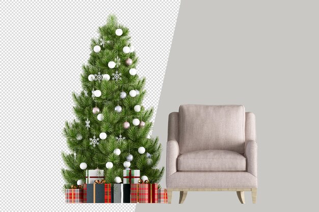 Árbol de Navidad, regalos y sillón en 3D prestados