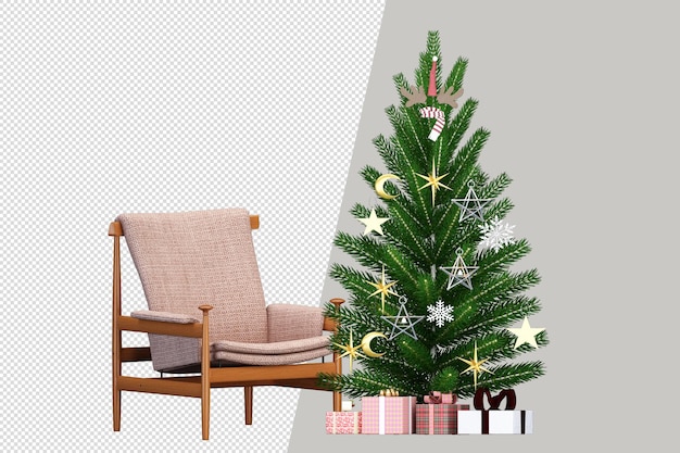 Árbol de Navidad, regalos y sillón en 3D prestados