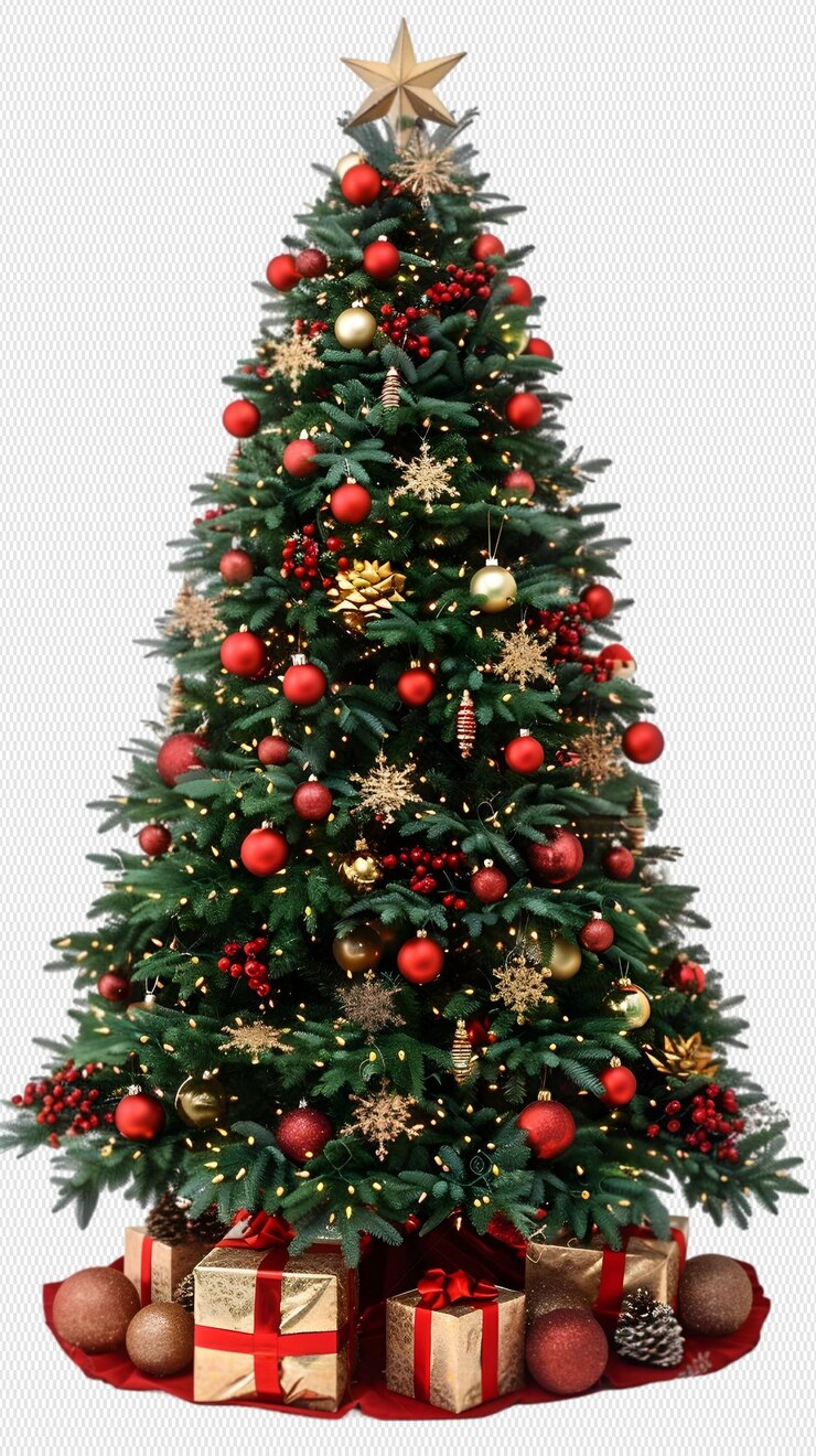 Árbol de Navidad y regalos sobre un fondo transparente