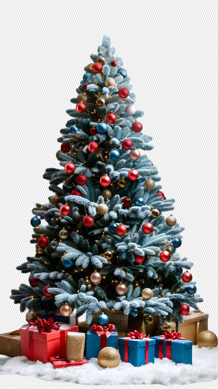 Árbol de Navidad y regalos sobre un fondo transparente