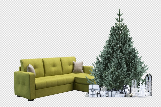 Árbol de navidad y sillón en 3d prestados