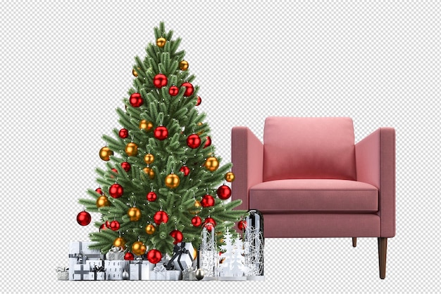 Árbol de navidad y sillón en 3d prestados