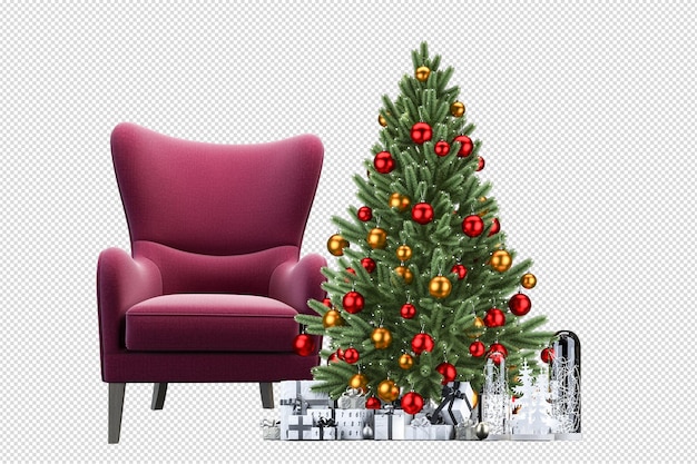 Árbol de navidad y sillón en 3d prestados