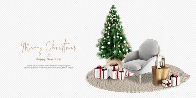 Árbol de navidad y sillón moderno en renderizado 3d