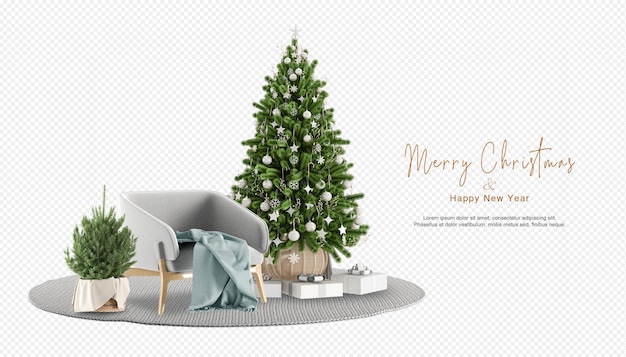 Árbol de navidad y sillón moderno en renderizado 3d