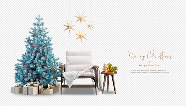 Árbol de navidad y sillón moderno en renderizado 3d