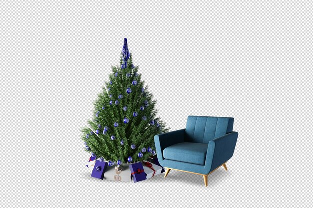 Árbol de Navidad y sillón en muebles de renderizado 3d