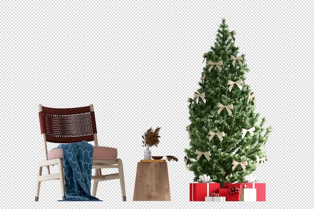árbol de navidad y sillón en renderización 3D