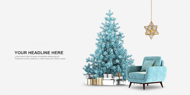 Árbol de Navidad y sillón en renderizado 3d