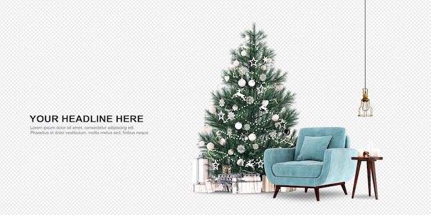 Árbol de navidad y sillón en renderizado 3d