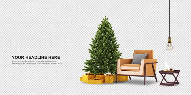 Árbol de Navidad y sillón en renderizado 3d