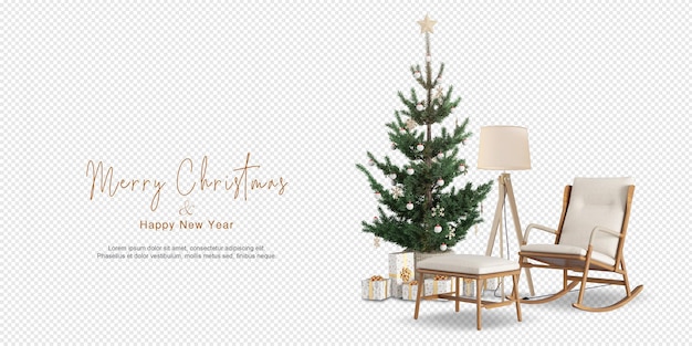 Árbol de navidad y sillón en renderizado 3d