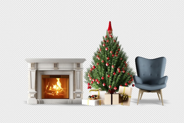 Árbol de Navidad y sillón en renderizado 3d