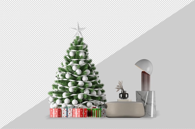 Árbol de Navidad y sillón en renderizado 3d