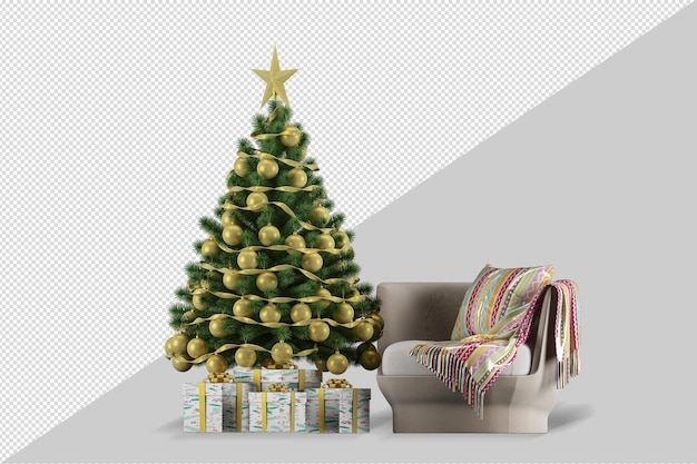 Árbol de Navidad y sillón en renderizado 3d