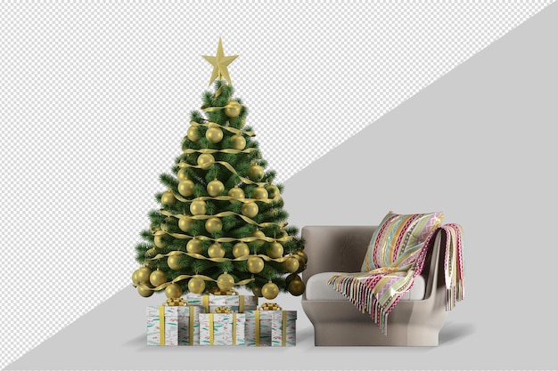 Árbol de navidad y sillón en renderizado 3d